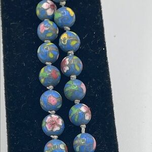 3.23.26-23 Vintage Chinese Painted Floral Blue Beaded & Knotted Necklace